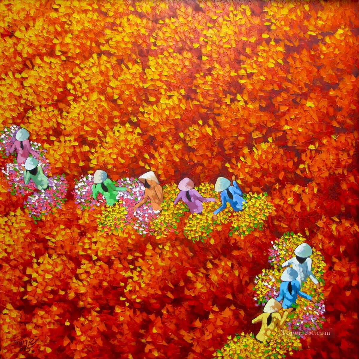 赤い花畑 ベトナム アジア油絵